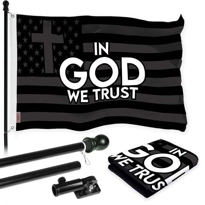 G128 Combo Pack: 6 Ft Tangle Free Aluminum Spinning Flagpole (Black) & In God We Trust Patriotic Flag 3x5 Ft, LiteWeave Pro Series Printed 300D Polyester | Pole with Flag Included