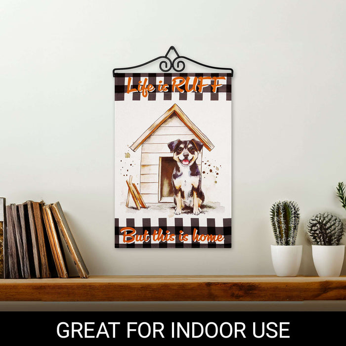 G128 Combo Pack Garden Flag Hanger 14IN & Garden Flag Life is Ruff Dog House Printed 12x18IN Double Sided Yard Lawn Decoration