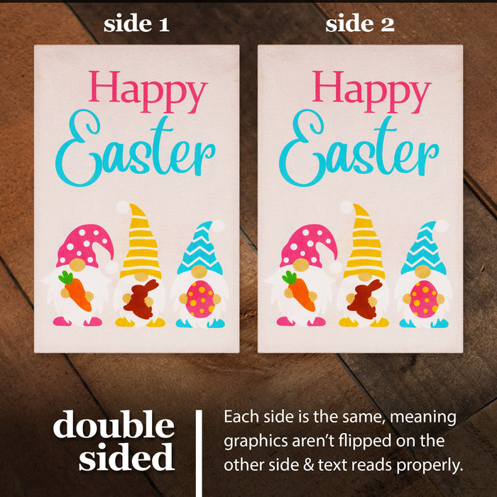 G128 Garden Flag Happy Easter Three Gnomes with Carrot Chocolate Bunny Egg 12"x18" Burlap Fabric