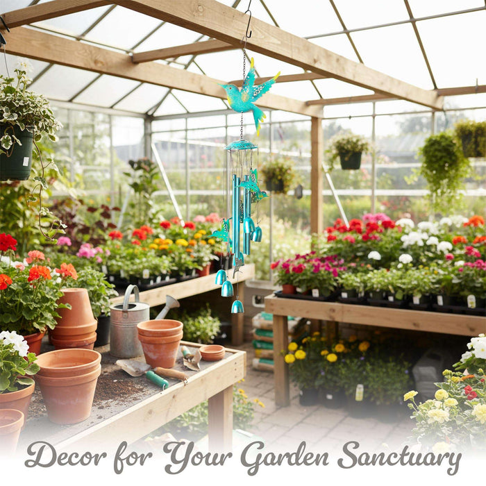 G128 Blue Hummingbird Wind Chimes for Outside | 32" Metal Outdoor Windchime for Garden, Patio, Porch