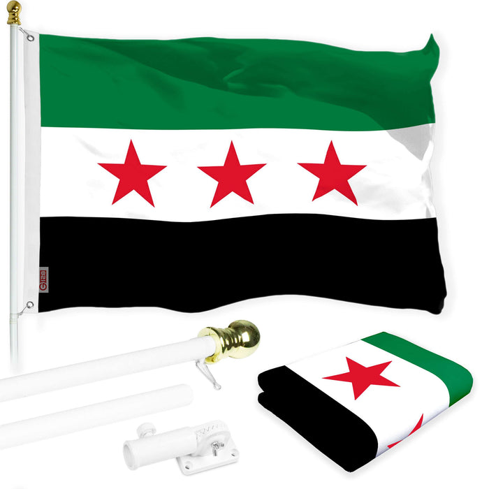 G128 Combo Pack: 6 Ft Tangle Free Aluminum Spinning Flagpole (White) & Republic of Syria Flag 3x5 Ft, LiteWeave Pro Series Printed 150D Polyester | Pole with Flag Included