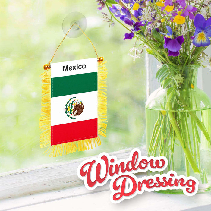 G128 Mexico Mexican Fringy Flag | Fringy Hanging Double Sided Flag with Suction Cup, Window and Car Rearview Mirror Decor