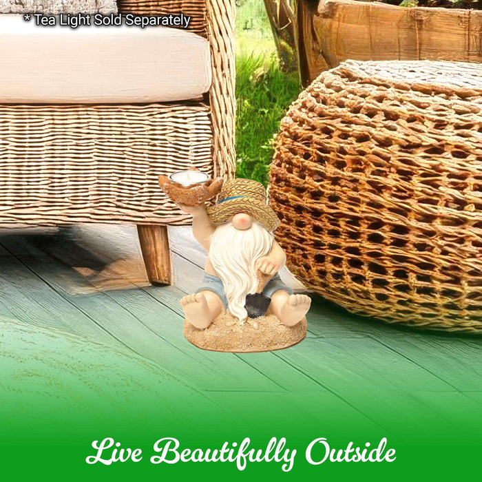 G128 Ocean Beach Gnome Statue | 7 Inch Summer Coastal Gnome Figurine with Starfish & Shovel, Yard Patio Lawn Backyard Outdoor Indoor Home Decoration