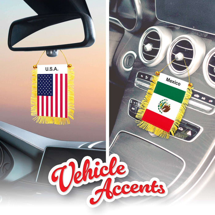 G128 Combo Pack: American USA & Mexico Mexican Fringy Flag Double Sided 3x5 In | Both Fringy Hanging Flag with Suction Cup