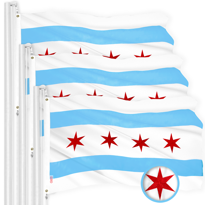 G128 Chicago Flag 3x5 Ft 3-Pack Embroidered 300D Embroidered Stars, Sewn Stripes, Brass Grommets, Indoor/Outdoor, Vibrant Colors, Quality Polyester