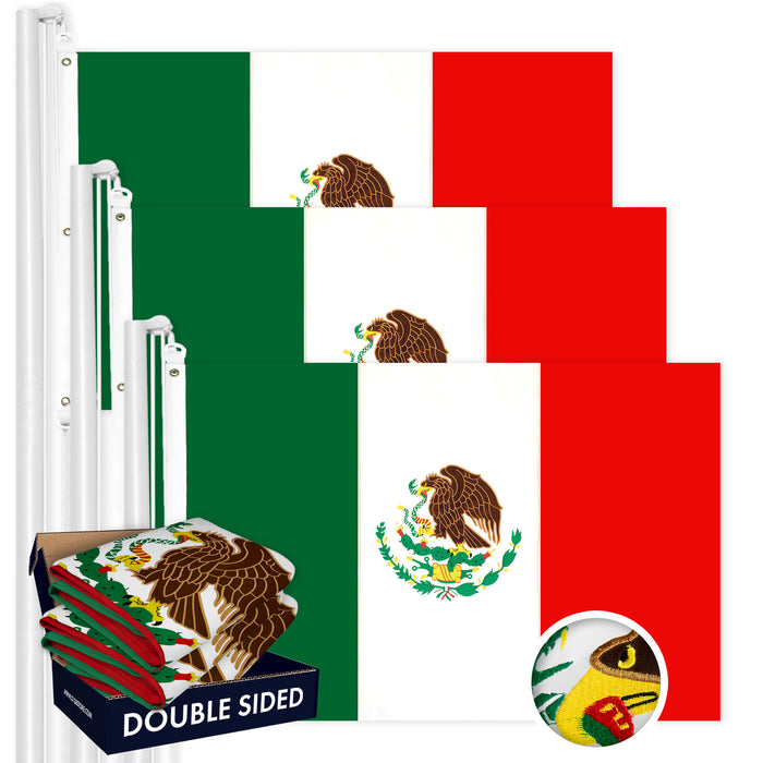 G128 3 Pack: Mexico Mexican Flag | 6x10 Ft | Double ToughWeave Series Double Sided Embroidered 210D Polyester | Country Flag, Embroidered Design, Indoor/Outdoor, Brass Grommets, Heavy Duty, 2-ply