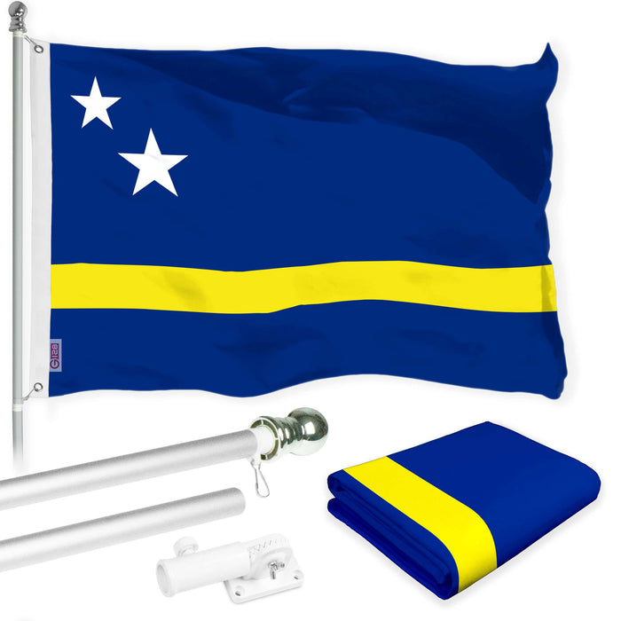 G128 Combo Pack: 6 Ft Twist Free Aluminum Spinning Flagpole (Silver) & Curacao Flag | 3x5 Ft | LiteWeave Pro Series Printed 150D Polyester | Pole with Flag Included