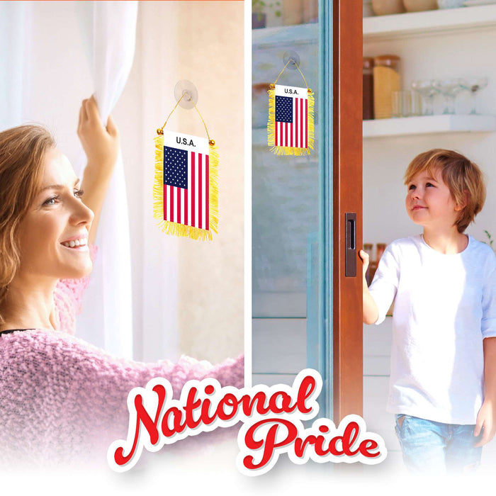 G128 2 Pack: USA American Fringy Flag | 3x5IN | Fringy Hanging Double Sided Flag with Suction Cup, Window and Car Rearview Mirror Decor