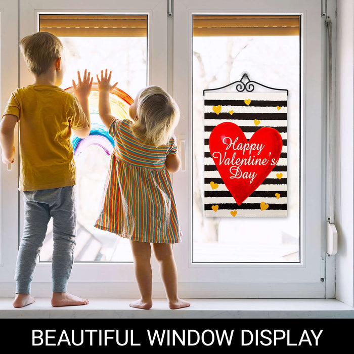 G128 Combo Pack Garden Flag Hanger 14IN & Garden Flag Happy Valentine's Day Striped Heart Printed 12x18IN Double Sided