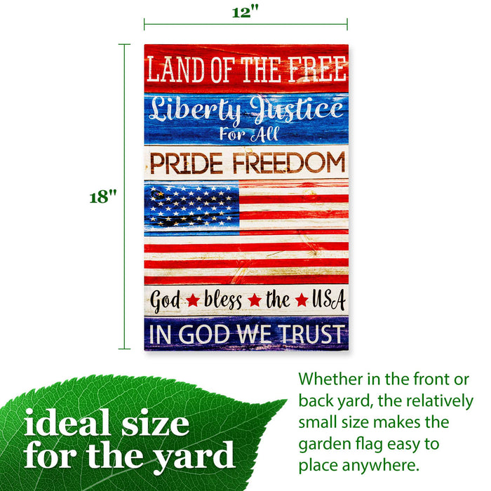 G128 Land of the Free Liberty Garden Flag 12x18 In Double Sided Independence Day Yard Garden Lawn Decoration