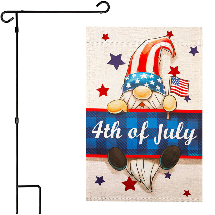 G128 Combo Pack: Garden Flag Stand 36x16IN & Garden Flag 4th of July Gnome Printed 12x18IN Double Sided