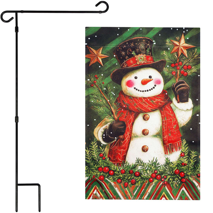G128 36x16IN Garden Flag Stand & 12x18 Christmas Red Scarf Snowman Flag Kit