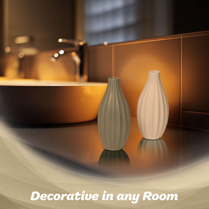 G128 2 Pcs 7.75 In Tall Modern Ceramic Vase Set Decorative Ribbed Vases Olive Green and Cream Elegant Home Decoration for Living Room Bedroom Office or Bathroom