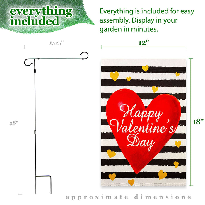 G128 Combo Pack: Garden Flag Stand 36x16IN & Garden Flag Happy Valentine's Day Striped Heart Printed 12x18IN Double Sided
