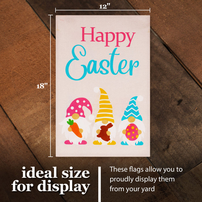 G128 Garden Flag Happy Easter Three Gnomes with Carrot Chocolate Bunny Egg 12"x18" Burlap Fabric