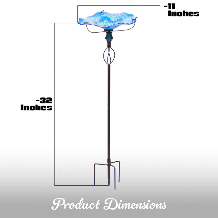 G128 32 Inch Height Glass Bird Baths with Metal Stake | Decorative Blue Outdoor Garden Bird Feeder