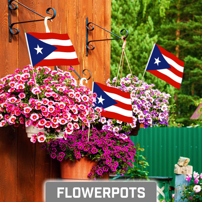 G128 24 Pack Handheld Puerto Rico Puerto Rican Stick Flags | 8x12 In | Printed 150D Polyester, Country Flag, Solid Wooden Stick, Spear Gold Tip
