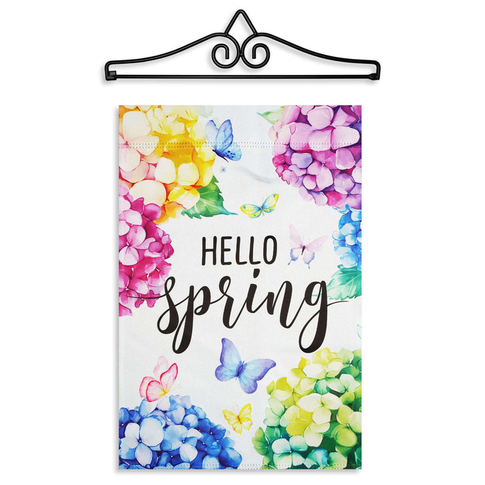 G128 12x18IN Hello Spring Hydrangea Butterfly Garden Flag with 14IN Hanger