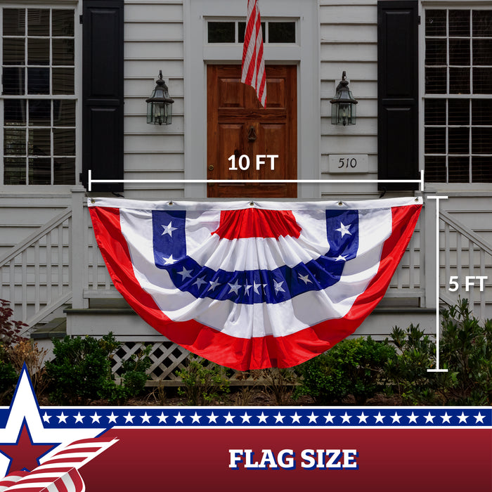 USA Pleated Fan Flag, 5x10 Feet American USA Bunting Decoration Flags Embroidered Patriotic Stars & Sewn Stripes Canvas Header Brass Grommets