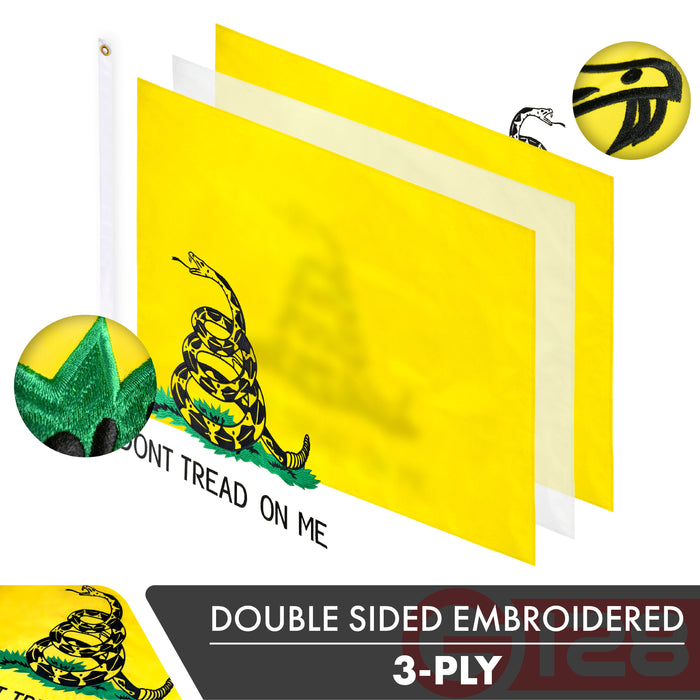 Gadsden (Dont Tread On Me) Flag 210D Embroidered Polyester 3x5 Ft - Double Sided 3ply