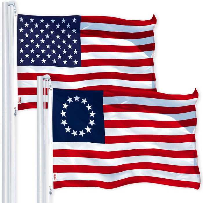 G128 Combo Pack: USA American Flag 3x5 Ft 150D Printed Stars & Betsy Ross Flag 3x5 Ft 150D Printed