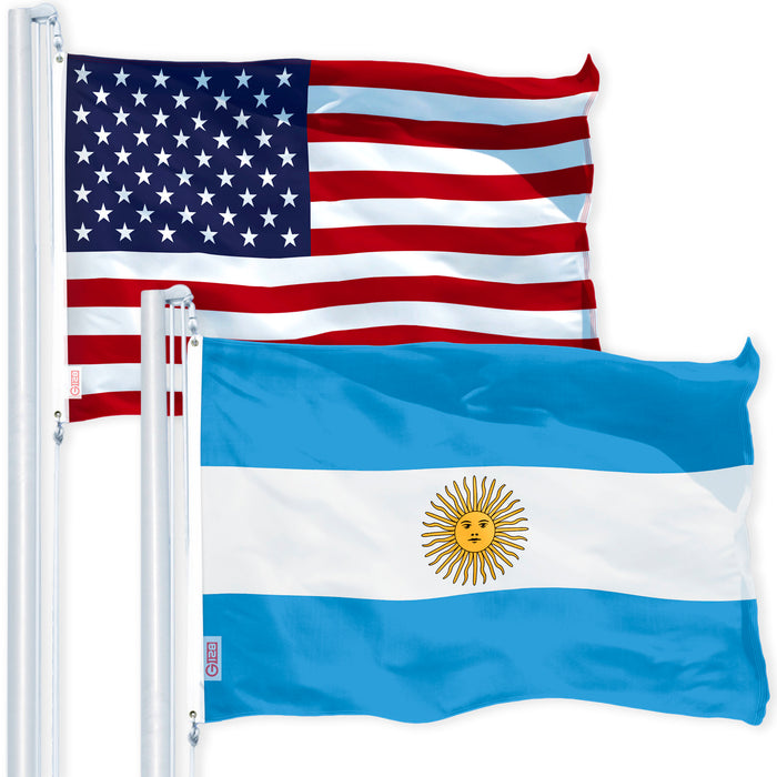 G128 Combo Pack: USA American Flag 3x5 Ft 150D Printed Stars & Argentina (Argentinian) Flag 3x5 Ft 150D Printed