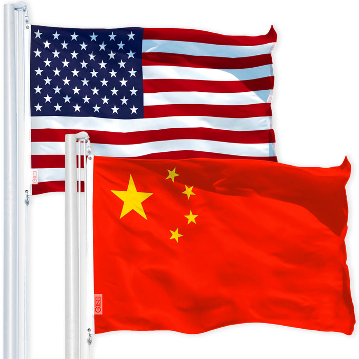 G128 Combo Pack: USA American Flag 3x5 Ft 150D Printed Stars & China (Chinese) Flag 3x5 Ft 150D Printed