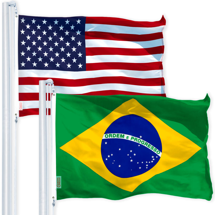 G128 Combo Pack: USA American Flag 3x5 Ft 150D Printed Stars & Brazil (Brazilian) Flag 3x5 Ft 150D Printed