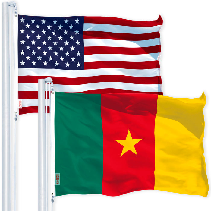 G128 Combo Pack: USA American Flag 3x5 Ft 150D Printed Stars & Cameroon (Cameroonian) Flag 3x5 Ft 150D Printed