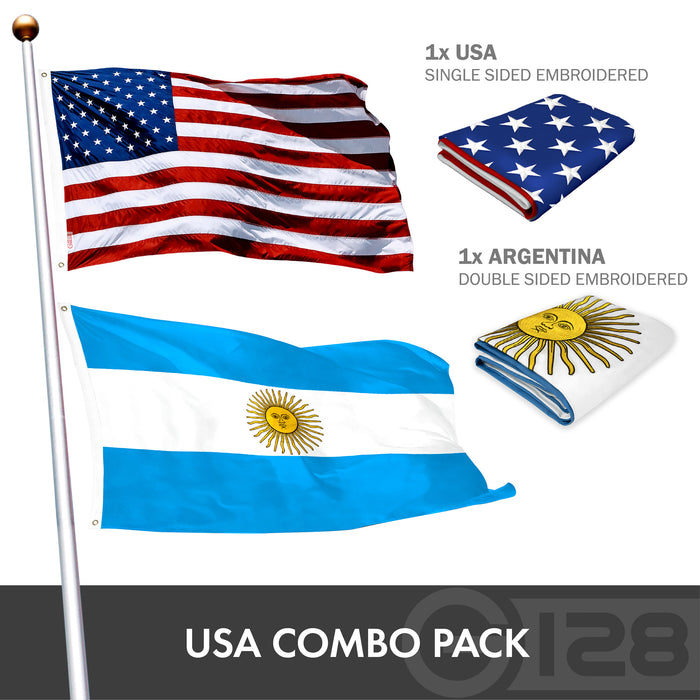 G128 Combo Pack: USA American Flag 3x5 Ft Embroidered Stars & Argentina (Argentinian) Flag 3x5 Ft Double-sided Embroidered 210D