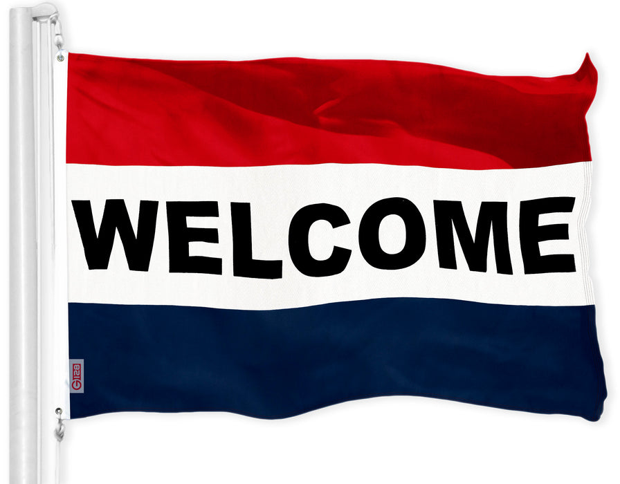 G128 Welcome Sign Business Flag | 3x5 feet | Printed 150D, Indoor/Outdoor, Vibrant Colors, Brass Grommets, Quality Polyester, Much Thicker More Durable Than 100D 75D Polyester