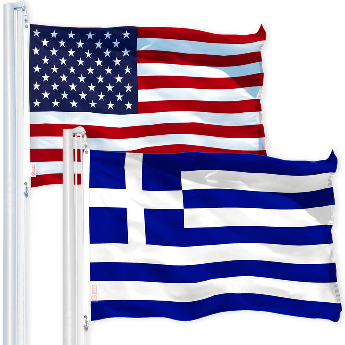 G128 Combo Pack: USA American Flag 3x5 Ft 150D Printed Stars & Greece Flag 3x5 Ft 150D Printed