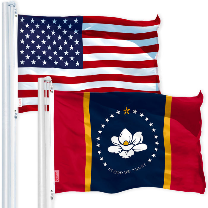 G128 Combo Pack: USA American Flag 3x5 Ft 150D Printed Stars & Mississippi 2020 Version State Flag 3x5 Ft 150D Printed
