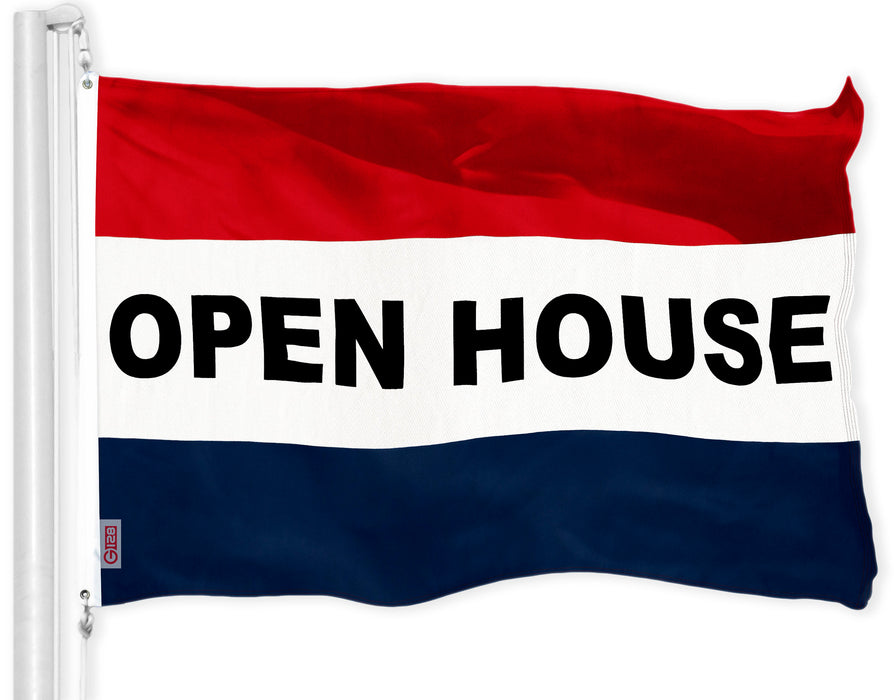 G128 Open House Sign Flag 3x5 FT 150D Printed | 3x5 feet | Printed 150D, Indoor/Outdoor, Vibrant Colors, Brass Grommets, Quality Polyester
