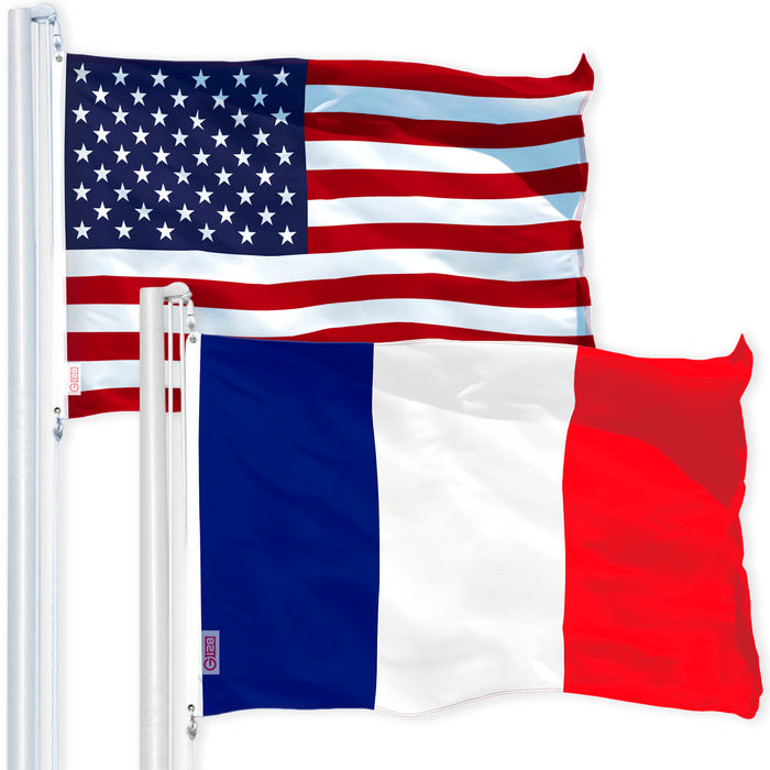 G128 Combo Pack: USA American Flag 3x5 Ft 150D Printed Stars & France (French) Flag 3x5 Ft 150D Printed