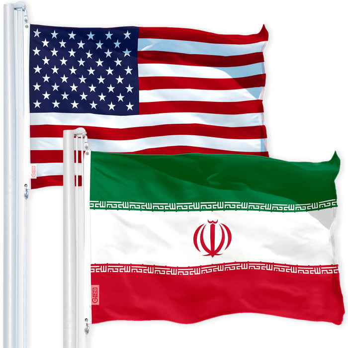 G128 Combo Pack: USA American Flag 3x5 Ft 150D Printed Stars & Iran (Iranian) Flag 3x5 Ft 150D Printed
