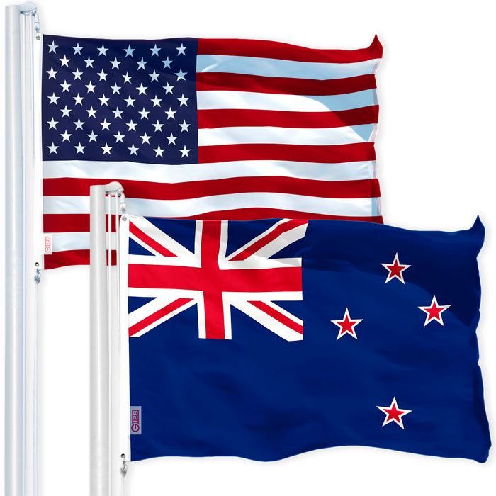 G128 Combo Pack: USA American Flag 3x5 Ft 150D Printed Stars & New Zealand Flag 3x5 Ft 150D Printed