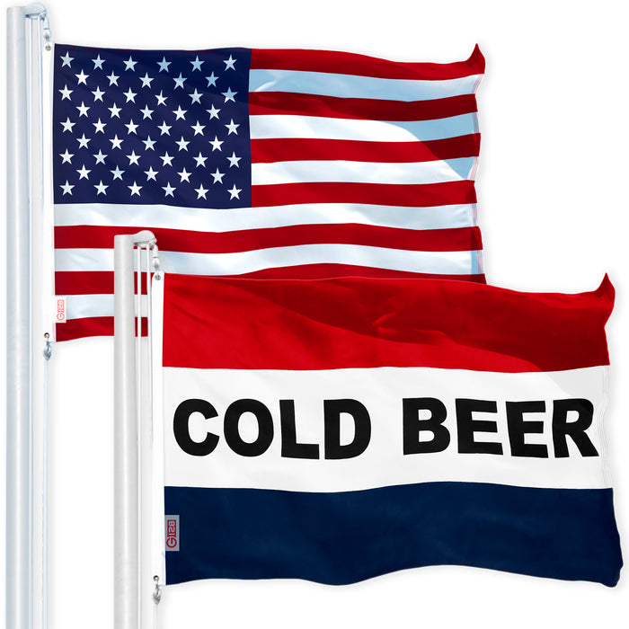 G128 Combo Pack: USA American Flag 3x5 Ft 150D Printed Stars & Cold Beer Flag 3x5 Ft 150D Printed