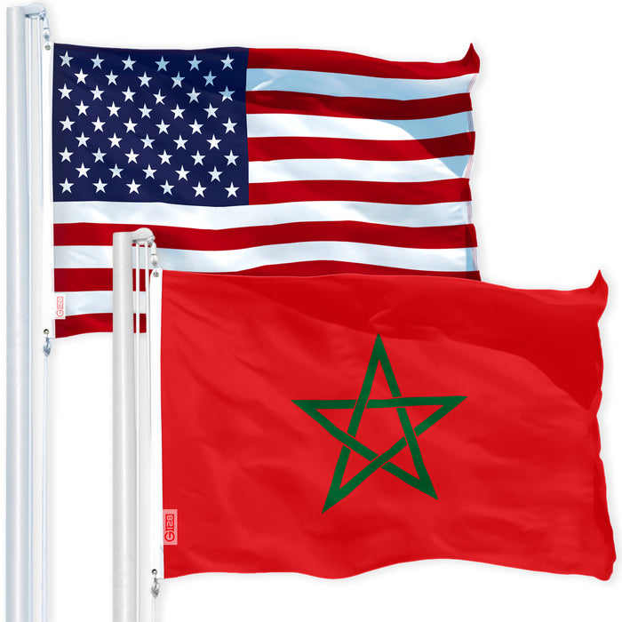 G128 Combo Pack: USA American Flag 3x5 Ft 150D Printed Stars & Morocco (Moroccan) Flag 3x5 Ft 150D Printed