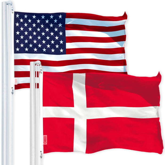 G128 Combo Pack: USA American Flag 3x5 Ft 150D Printed Stars & Denmark (Danish) Flag 3x5 Ft 150D Printed