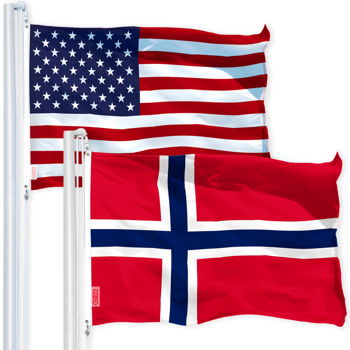 G128 Combo Pack: USA American Flag 3x5 Ft 150D Printed Stars & Norway (Norwegian) Flag 3x5 Ft 150D Printed