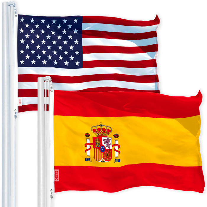G128 Combo Pack: USA American Flag 3x5 Ft 150D Printed Stars & Spain (Spainish) Flag 3x5 Ft 150D Printed