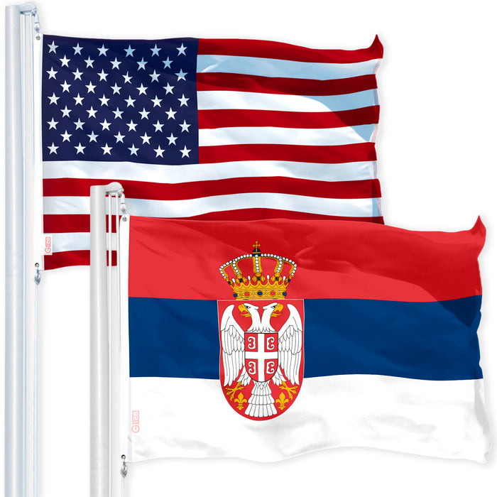 G128 Combo Pack: USA American Flag 3x5 Ft 150D Printed Stars & Serbia (Serbian) Flag 3x5 Ft 150D Printed