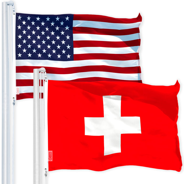 G128 Combo Pack: USA American Flag 3x5 Ft 150D Printed Stars & Switzerland (Swiss) Flag 3x5 Ft 150D Printed