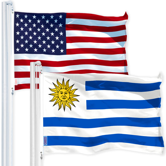 G128 Combo Pack: USA American Flag 3x5 Ft 150D Printed Stars & Uruguay (Uruguayan) Flag 3x5 Ft 150D Printed