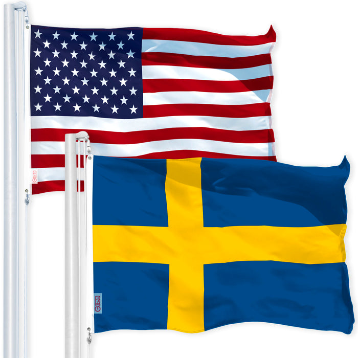 G128 Combo Pack: USA American Flag 3x5 Ft 150D Printed Stars & Sweden (Swedish) Flag 3x5 Ft 150D Printed