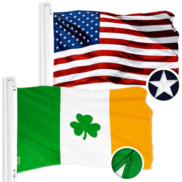 G128 Combo Pack: USA American Flag 3x5 Ft Embroidered Stars & Irish Shamrock Flag 3x5 Ft Embroidered