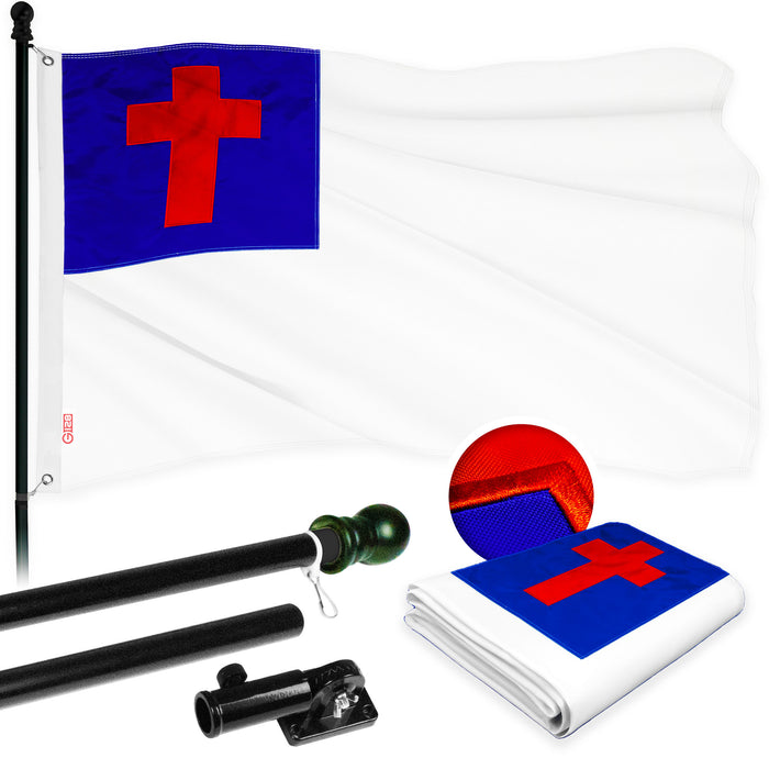 G128 Combo Pack: 5 Ft Tangle Free Aluminum Spinning Flagpole (Black) & Christian Flag 2x3 Ft, ToughWeave Series Embroidered 300D Polyester | Pole with Flag Included