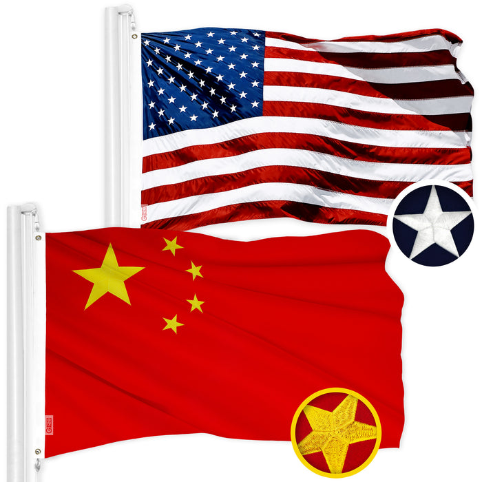 G128 Combo Pack: USA American Flag 3x5 Ft Embroidered Stars & China (Chinese) Flag 3x5 Ft Embroidered