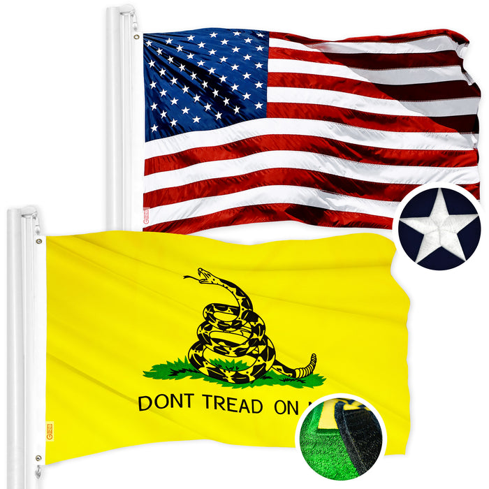 G128 Combo Pack: USA American Flag 3x5 Ft Embroidered Stars & Gadsden (Dont Tread On Me) Flag 3x5 Ft Embroidered